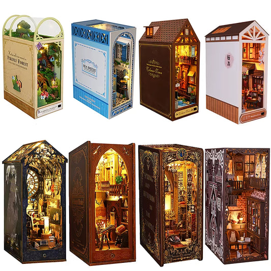 DIY Book Nook Kit Miniature Doll House with LED Light 3D Puzzle Model Building Wooden Bookshelf Bookend Toy Adults Birthday Gift