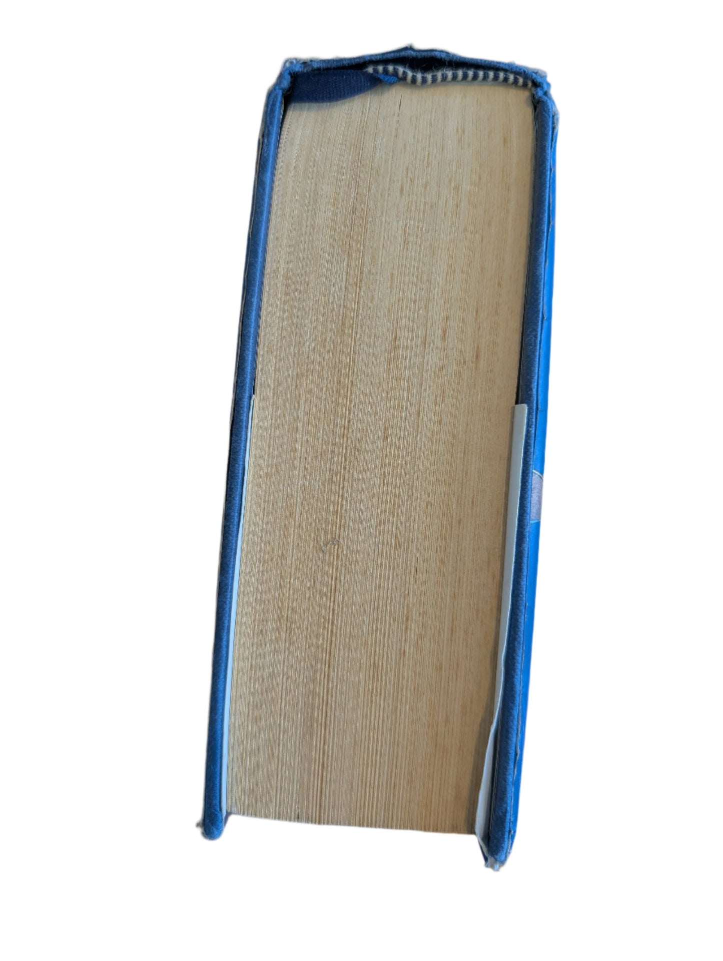 Book with blue spine on a wooden surface