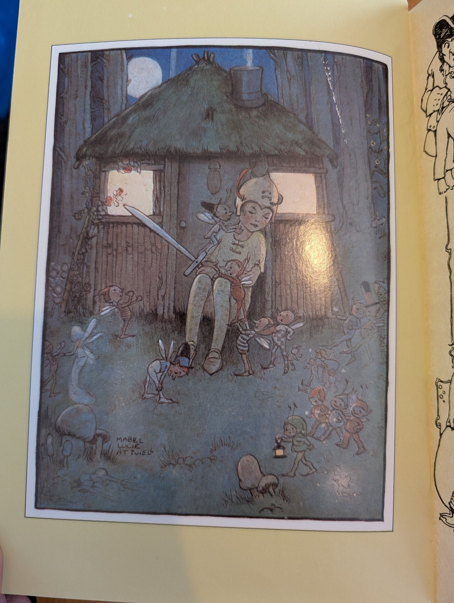 Illustration of a scene with characters around a wooden cabin at night.