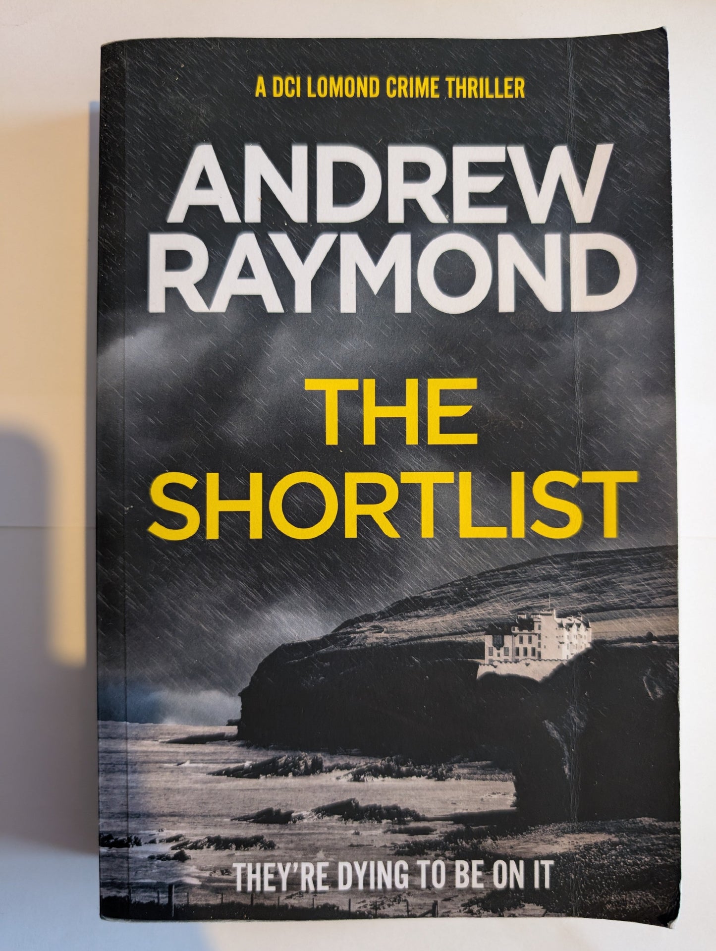 Book cover of 'The Shortlist' by Andrew Raymond with a black and gray background.