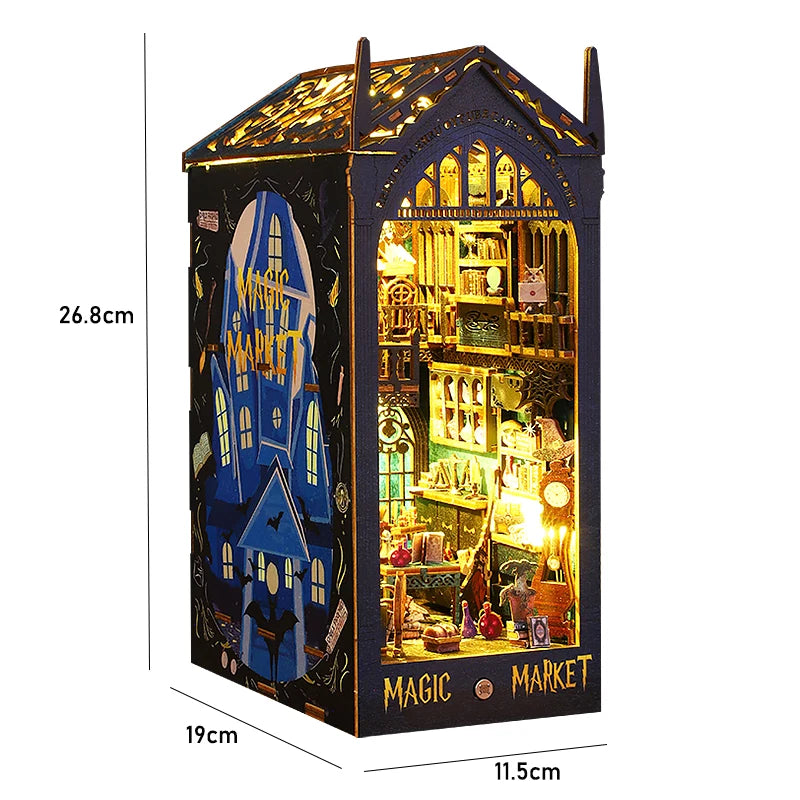 DIY Book Nook Kit Miniature Doll House with LED Light 3D Puzzle Model Building Wooden Bookshelf Bookend Toy Adults Birthday Gift