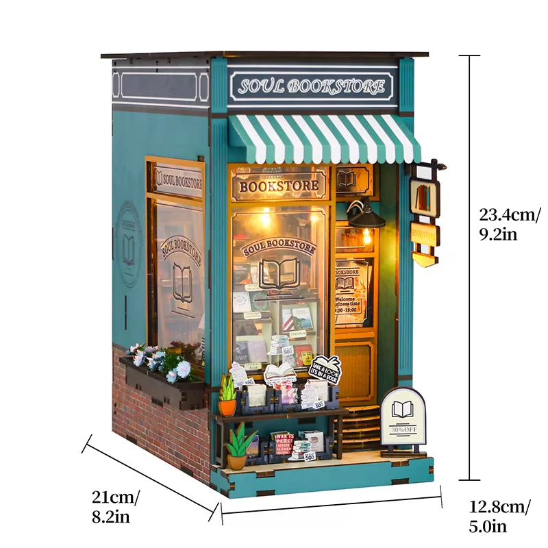 DIY Book Nook Kit Miniature Doll House with LED Light 3D Puzzle Model Building Wooden Bookshelf Bookend Toy Adults Birthday Gift