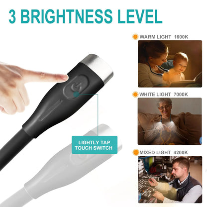 Book Light, Neck Reading Lamp, Rechargeable Reading Lamp in Bed, 3 Color Reading Lamp with Long Flexible Foldable Arms for Knitting, Repairing, Reading, Black