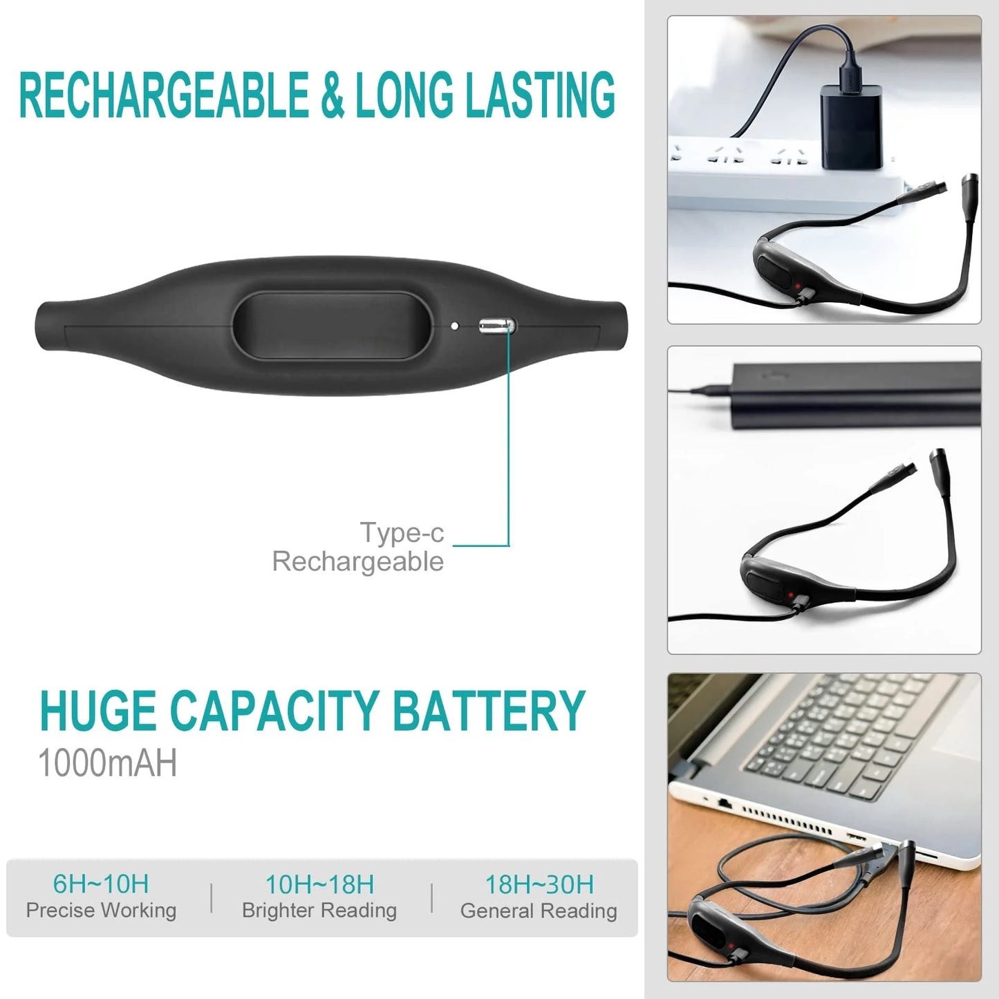 Book Light, Neck Reading Lamp, Rechargeable Reading Lamp in Bed, 3 Color Reading Lamp with Long Flexible Foldable Arms for Knitting, Repairing, Reading, Black