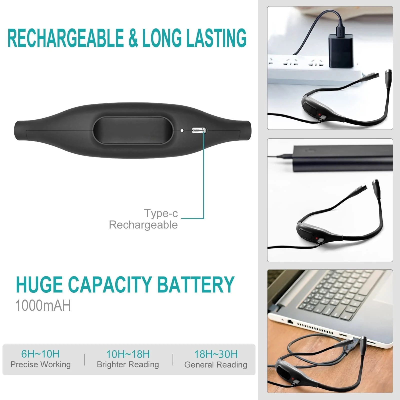 Book Light, Neck Reading Lamp, Rechargeable Reading Lamp in Bed, 3 Color Reading Lamp with Long Flexible Foldable Arms for Knitting, Repairing, Reading, Black