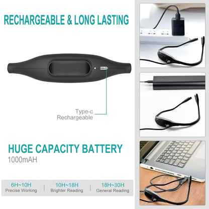 Book Light, Neck Reading Lamp, Rechargeable Reading Lamp in Bed, 3 Color Reading Lamp with Long Flexible Foldable Arms for Knitting, Repairing, Reading, Black