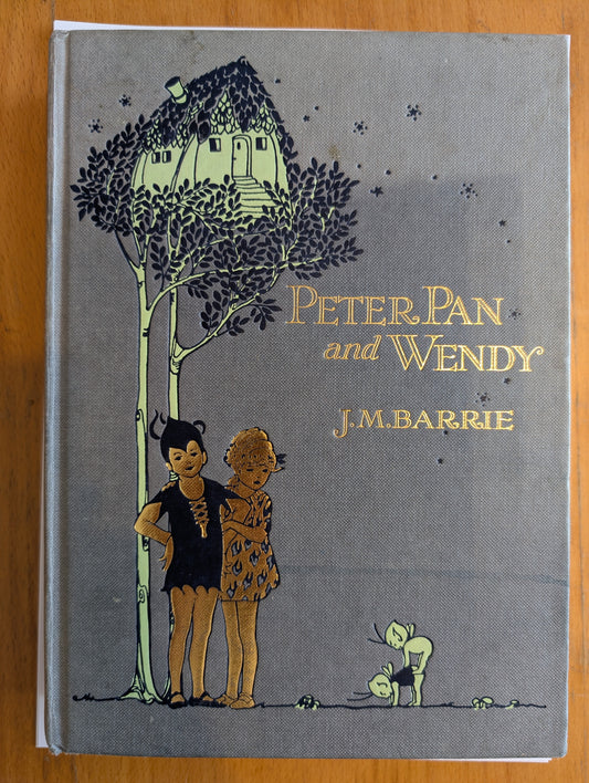Book cover of 'Peter Pan and Wendy' by J.M. Barrie on a wooden surface