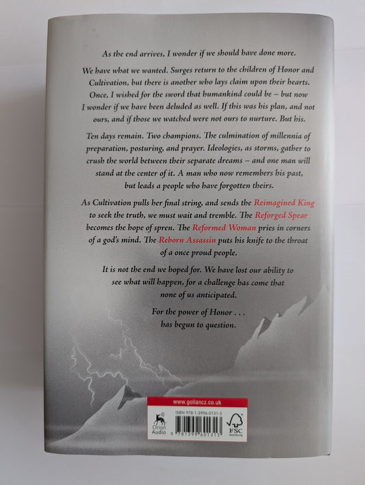 Back cover of a book with a mountain illustration and text on a white background