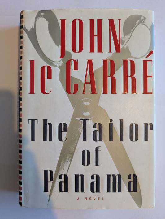 Book cover of 'The Tailor of Panama' by John le Carré with a stylized illustration of a tailor and red text.