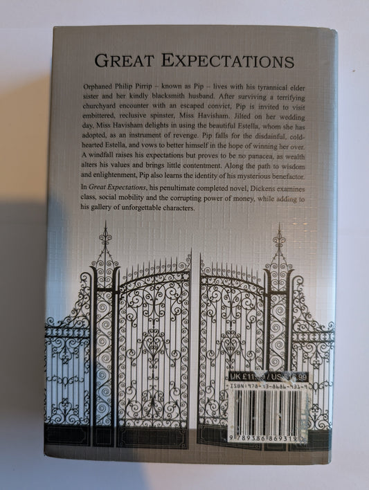 Book cover of 'Great Expectations' with decorative text and design.
