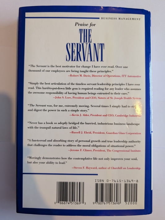 Back cover of a book titled 'The Servant' with praise quotes and a barcode.