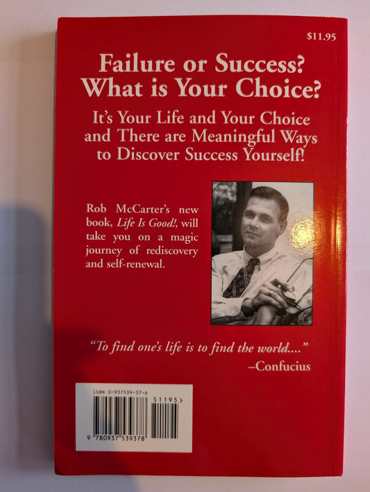 Red book cover with text and a photo of a person on a white background