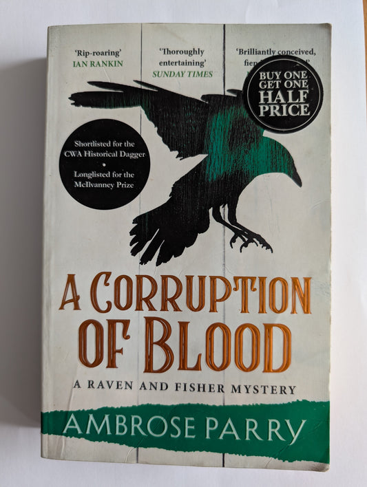 Book cover of 'A Corruption of Blood' by Ambrose Parry with a crow illustration on a white background.
