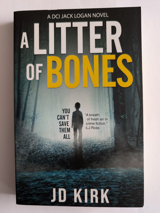 Book cover of 'Bones of Litter' by J.D. Kirk with a dark forest design.
