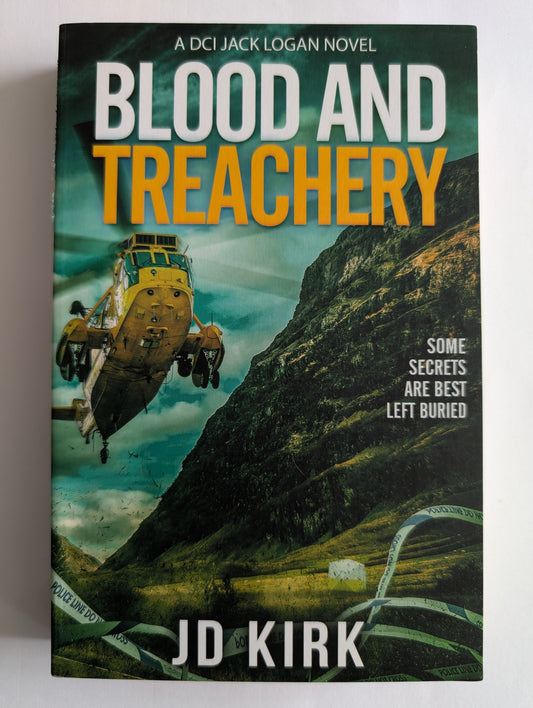Book cover of 'Blood and Treachery' by J.D. Kirk with a space ship and mountain scene.