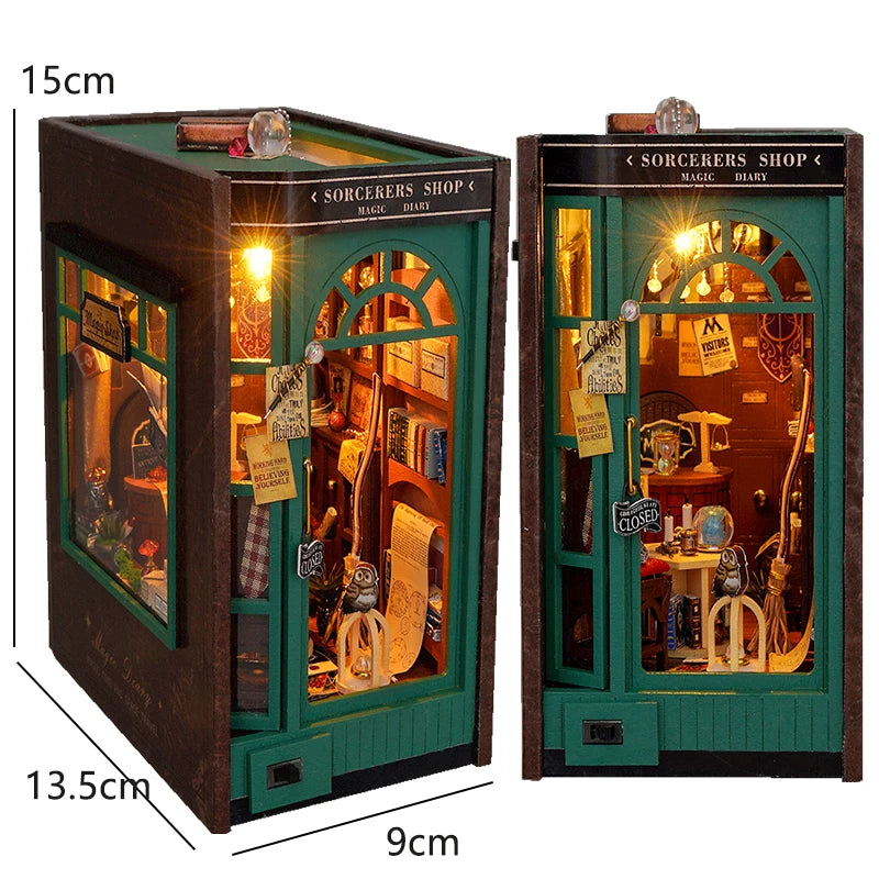 DIY Book Nook Kit Miniature Doll House with LED Light 3D Puzzle Model Building Wooden Bookshelf Bookend Toy Adults Birthday Gift